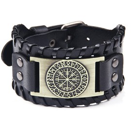 Thajaling Antique Men's Black Leather Cuff Bracelet, Leather Wrist Band Pirate Classic Elements Vintage Compass Pattern Wristband