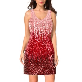 MANER Women's Sequin Dress Sparkly Glitter V-Neck Sleeveless Party Club Cocktail Tank Dress (S, Canyon Rose/Burgundy/Ruby Red)