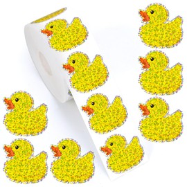 Whaline 1000Pcs Rubber Duck Stickers Roll Yellow Duck Holographic Stickers Sparkly Adhesive Label Decals for Duck Birthday Party Favor Water Bottle Scrapbook Birthday Party Decor