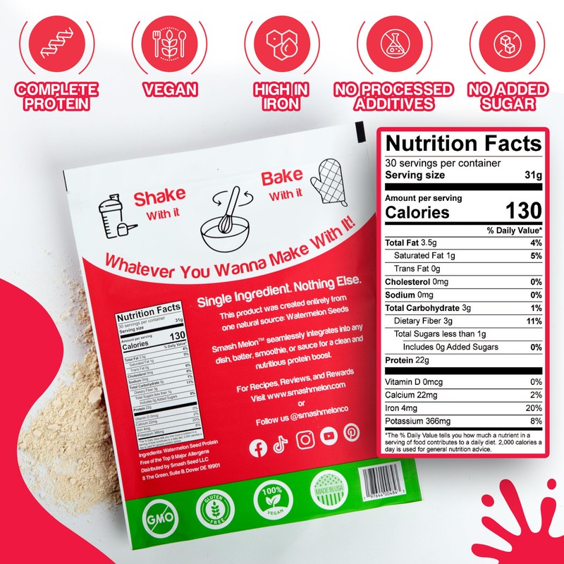 Smash Melon Watermelon Seed Protein Powder Raw - Cold-Pressed, Single-Ingredient