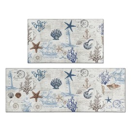 Nautical Kitchen Rug Set of 2,Ocean Themed Kitchen Decor Vintage Beach Kitchen Mat Non-Slip Washable, Farmhouse Ocean Kitchen Decor Anti Fatigue Floor Mat for Kitchen Laundry Room,17x30+17x47 Inch