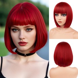 BATISI Red Bob Wig for Women Short Bob Wigs Straight Flat Bangs Synthetic Costume Cosplay Daily Party Neon Wig 12 Inch