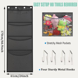 LxcshLjx Hanging Stuffed Animal Storage, Stuffed Animal Storage Bag, Over Door Stuff Animals Organizer with 4 Large Mesh Pockets, Breathable Plush Toy Holder, Mesh Hammock Bag for Closet, Room