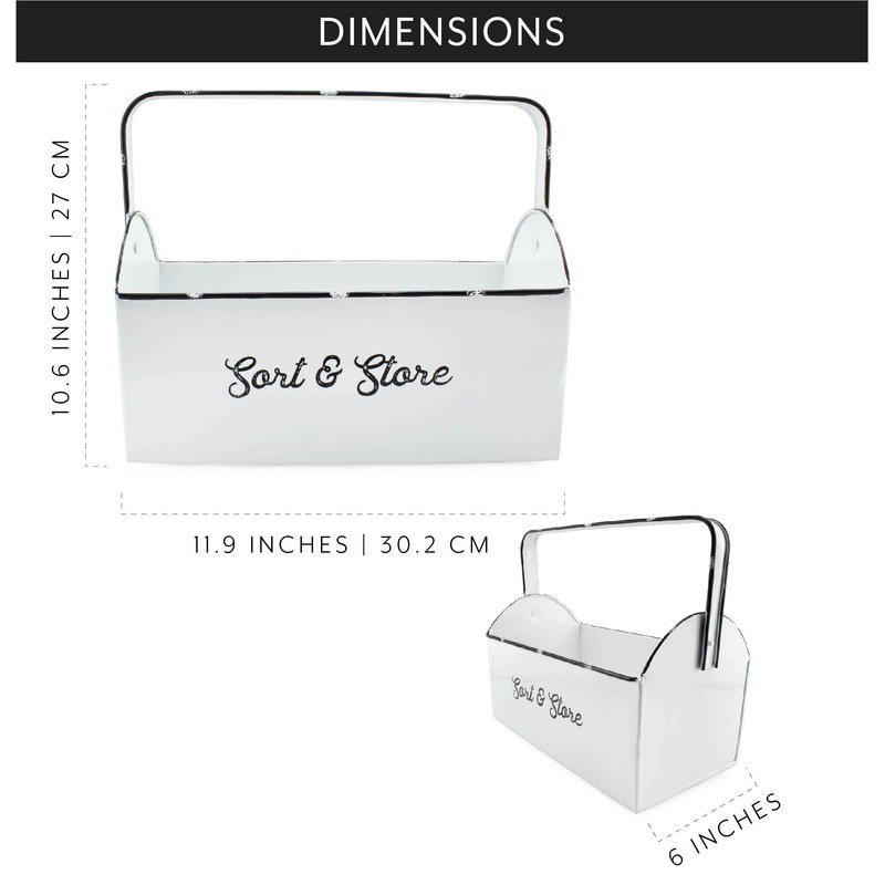 AuldHome Design Enamelware Rustic Caddy w/Handle, Distressed White Farmhouse Sort