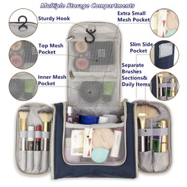 Hanging Travel Toiletry Bag Waterproof Makeup Cosmetic Travel Bag for Women and Men, Bathroom and Shower Organizer Kit with Sturdy Hook for Toiletries, Cosmetics, Makeup, Brushes, Shampoo, Navy Blue