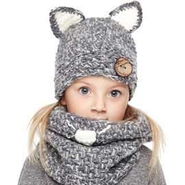 Genfien Children's Winter Knitted Hat Wool Knitted Hats Scarves Hood Monk's Cowl Beanie Hats for Children Boys Baby Girls Scarf Hat Warm, gray
