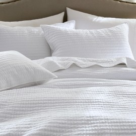 WDCOZY 100% Cotton King Size Quilt Set - White Striped Pick Stitch Soft Lightweight Bedspread, Textured Like Linen, Farmhouse Country Rustic Coverlet, Shabby Chic Gauze Bedding, 3 Pieces