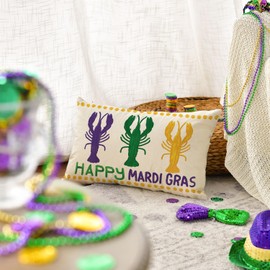 AVOIN colorlife Happy Mardi Gras Crawfish Throw Pillow Cover, 12 x 20 Inch Holiday Party Cushion Case Decoration for Sofa Couch