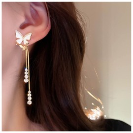 Cimenexe Bohemian Crystal Butterfly Earrings Gold Butterfly Tassel Stud Earrings Cz Tassel Chain Dangle Earrings Double Butterfly Cz Tassel Earrings Jewelry for Women and Girls Gifts