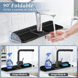 PoYang 17.7 inch Faucet Mat for Kitchen Sink Splash Guard, 7° Slope Silicone Sink Water Splash Guard for Kitchen Sink Area with Snap Button, Long Sink Protectors for kitchen Sink Sponge Holder, Black