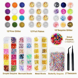 CellLuck Kit de accesorios de decoración de resina para principiantes, kit de lentejuelas de arte de uñas con purpurina de resina, copos de aluminio, flores secas para manualidades de resina, arte de uñas