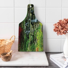 Lunarable Japanese Cutting Board, Cascading Waterfall in Japanese Garden Spring Time with Other Fresh Plants Scenery, Decorative Tempered Glass Cutting and Serving Board, Wine Bottle Shape, Green Grey