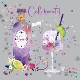 Cherry Orchard Ladies Birthday Card, Celebrate, charming Purple Gin and Glass design, Gold Foil text, complete with envelope