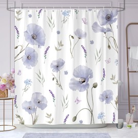Dazzlewall Purple Watercolour Floral Shower Curtain, Boho Flowers Plants Bathroom Curtain 180x180cm, Waterproof Mould Resistant Fabric Bath Curtain with 12 Hooks