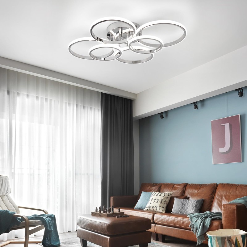 Sovinzert Modern Ceiling Lights, 6 Rings Dimmable Chrome LED Ceiling