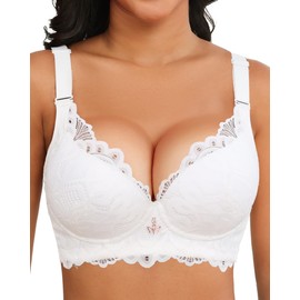Svmer Push Up Lace Bra for Women Underwire Plus Size Comfortable Brassiere White 44D