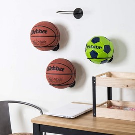MyGift Set of 4 Matte Black Metal Wall-Mounted Sports Ball Display Holder, Basketball, Soccer, Football, Volleyball, Durable Wall Storage Rack Wire Shelf