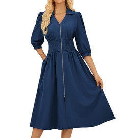 Dresses for Women 2025 Elegant Classy Casual 3/4 Sleeve Midi Buiness Elegant Work Pockets Dress Navy Blue Size L