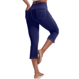 VOOVEEYA Women's Capri Leggings, Yoga Capris Pants with Pockets Stretchy Crop Pants High Waisted Straight Leg 21"（Navy Blue 2XL）