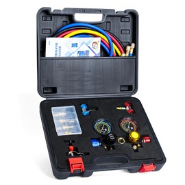 VQP AC Gauge Set, Diagnostic A/C Manifold Gauge Set for R410A R404 R22 R134A Refrigerant, A/C Air Refrigeration Kit, 4 Way Automotive AC Gauges with 5ft Hoses, Adapters, 1/4" Couplers, Can Tap