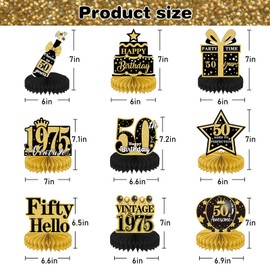 Luvart 50th Birthday Decorations-9pcs 50th Birthday Decorations for Men Black and Gold Table Decorations for Birthday Party Men Women Honeycomb Decs Vintage 50 Birthday Party Table Decor Supplies