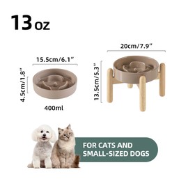 Havniva 6.1inch Ceramic Raised Slow Feeder Set, Elevated Bowl with Wooden Stand for Small Dog and Cat, Puzzle Slow Dog Food Dish, Preventing Choking(Brown Coffee, Single Bowl+ Stand)