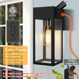 OYKYOHEI Porch Lights Outdoor Wall Sconce, Outdoor Light with GFCI Outlet, Waterproof Exterior Wall Lantern Light Fixtures, Anti-Rust Wall Lamp with Clear Glass for Patio Doorway Garage- Black, 1 Pack