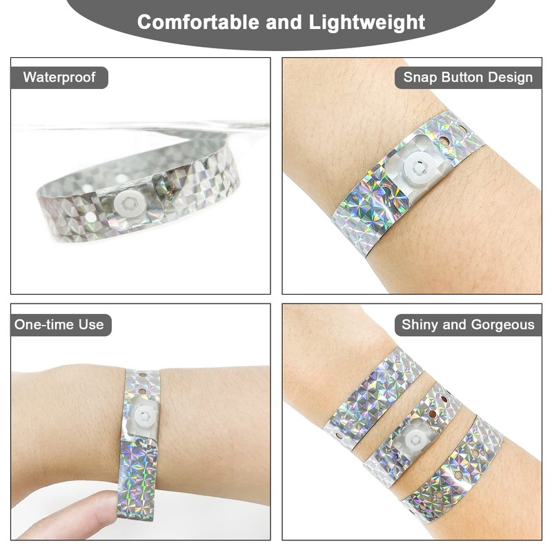 Ouchan Holographic Plastic Wristbands Silver - 100 Pack Vinyl Wristbands