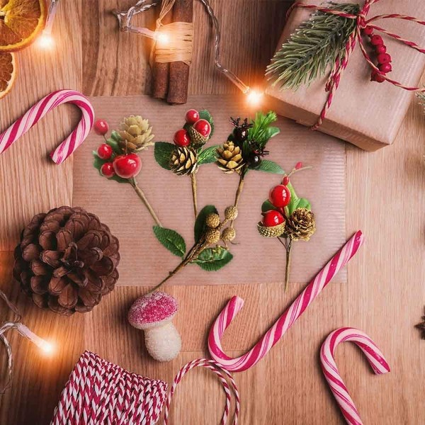 NERKT 20Pcs Christmas Pine Picks with Red Berries and Pine