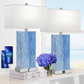 24” Tall Touch Control Table Lamps Set of 2, Blue Navy Lamps w/ USB& Type C Ports, Dimmable Coastal Bedside Nightstand Lamp White Shade, Large Lamps for Living Room End table Bedroom (Bulbs Included)