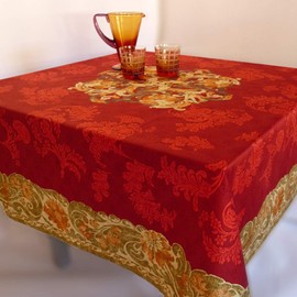 BEAUVILLE, Ponte Vecchio Red French Silk Screen Hand Printed Table Runner, 20 inches x 52 inches, 100% Satin Cotton, New in Box