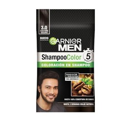 Garnier Men Tinte para cabello en Shampoo, Tono: 30 Castaño Oscuro, 1 sobre. Coloración para hombre, 100% cobertura de canas