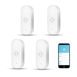 Intelligent Vibration Sensor: Wireless Glass Break Detector, WiFi Door Sensor with App Alarms, Adjustable Sensitivity, Glass Break Security Sensor for Alarm System and Home Automation (4-Pack)