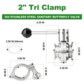 TAISHER 1PCS 304 Stainless Steel 2" Tri Clamp 64MM Ferrule Flange Sanitary Butterfly Valve with 2" Tri Clamp and Silicone Gasket