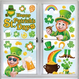 Whaline 9 Sheet St. Patrick's Day Window Clings Cartoon Leprechauns Shamrock Window Decals Double-Sided Happy Holiday Window Decor for Irish Holiday Home School Office Decor Party Supplies