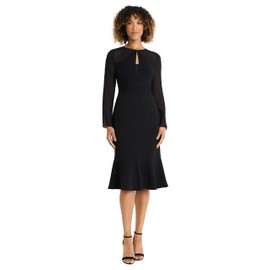 Maggy London Women's Long Midi Sheer Sleeves Keyhole Neckline Ruched Bodice-Elegant Formal Dresses, Black