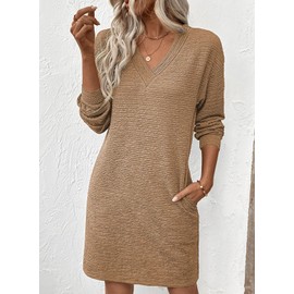 EVALESS Fall Dresses for Women 2025 Fashion V Neck Long Sleeve Summer Mini Dress Solid Casual Beach Vacation Clothes Tshirt Dresses with Pockets Women's Clothing Light French Beige Medium