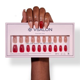 VSALON Short Coffin Press-On Nails - 32 PCS Solid Nude Pink Main Nails in 16 Sizes & 10 PCS Red Alternative Nails - Reusable Fake Nail Kit with UV Glue, Easy Tabs, Nail Glue, Remover (Stained Glass)