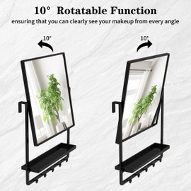 WONSTART Modern Black Square Wall Mirror with Shelf and Hooks, 21.7 x 29.3 Inch Large Bathroom Mirror with 10° Adjustable Tilt for Entryway, Living Room, Hallway, Bedroom