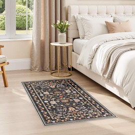 UERMEI Door Mat Entrance Rug: 2x3 Washable Area Rug Boho Floral Small Rug - Non-Slip Low Pile Throw Indoor Carpet for Entryway Kitchen Front Door Bathroom Entry Kids Room - Black Grey