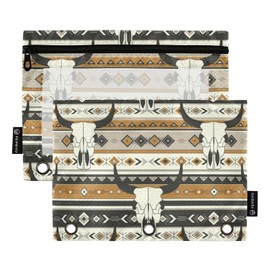 Fisyme Western Boho Bull Skulls Pencil Pouch for 3 Ring Binder Pencil Case Pencil Bag Zipper Pouch with Clear Window for Office Supplies 2 Pack