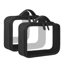 Pack of 2 Transparent Toiletry Bags, TSA Approved Clear Toiletry Bag with Carry Handle for Aeroplane Hand Luggage, Waterproof PVC Transparent Cosmetic Bag, Travel Makeup, black