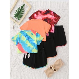 Fdqin Girls 2 Piece Pants Sets Graphic Cute T-shirt and Dolphin Shorts Girls Outfits for Casual, Dance Pink/Pink/Green Tie Dye 9-10 Years