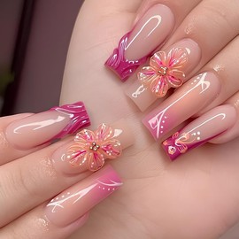 3D Flower Press on Nails Long Square Fake Nails with Water Ripple Design Stick on Nails French Tip False Nails Summer Gradient Full Cover Acrylic Glue on Nail for Women Nail Art Decoration 24Pcs