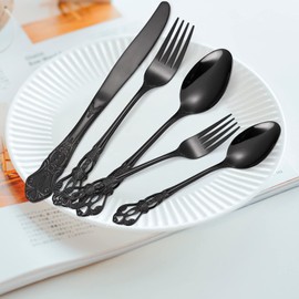 A · HOUSEWARE Black Silverware Royal Flatware Set for 4 Stainless Steel Cutlery Retro Antique Kitchen Utenisl with Flower Design Handle for Resturant Home Festival Parties