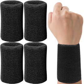 6 Inch Wrist Sweatbands Tennis Wrist Bands Absorbent Sweat Band for Men and Women Sport Long Wrist Bands, Breathable Cotton Athletic Sweatbands for Basketball, Workout, Running (4 Pack)-Black