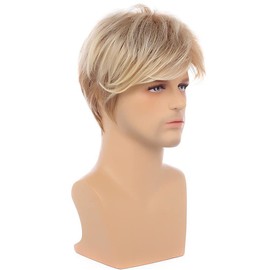 Men Blonde Wig Short Layered Natural Synthetic Heat-Resistant Wigs Cosplay Costume Wig with Wig Cap
