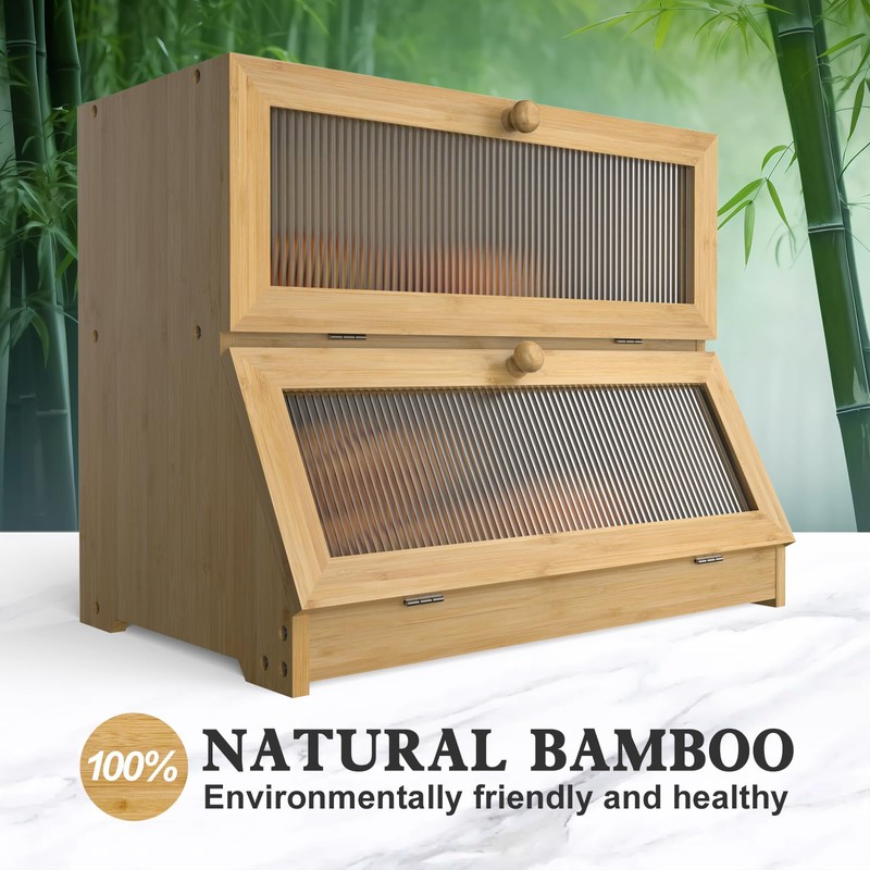 LOHASOK Bread Box for Kitchen Countertop: 2-Tier Bamboo Large Bread