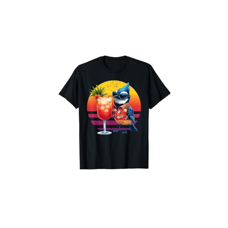 Blue Jay Drinking Hawaiian Birding Retro Summer Bird Lovers T-Shirt