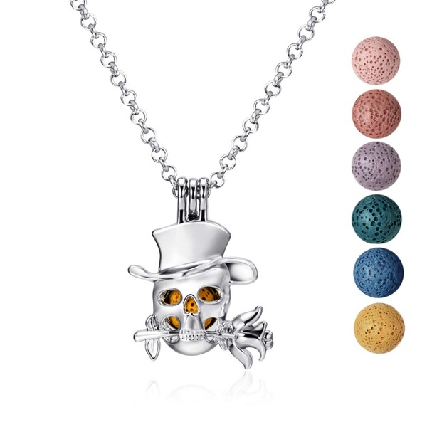 mEssentials Skull Tophat Lava Stone Essential Oil Diffuser Necklace Gift Set - Includes Aromatherapy Pendant, 24" Alloy Chain, 6 Color Lava Stones